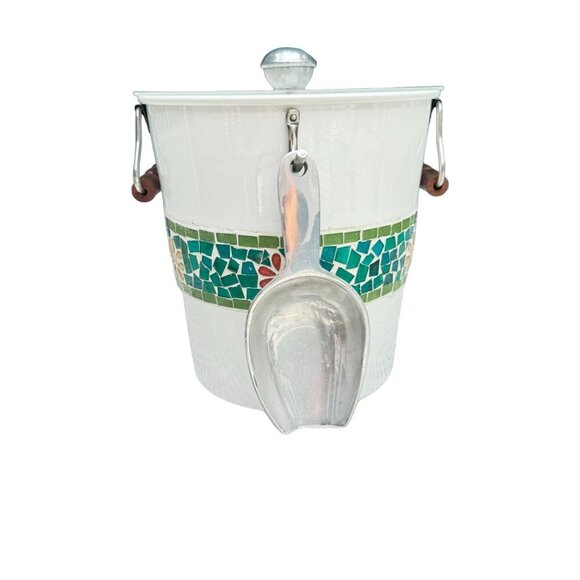 Vintage White ice Bucket Mid Century Enameled with Blue Red Green Glass 2 Handle - Picture 3 of 6